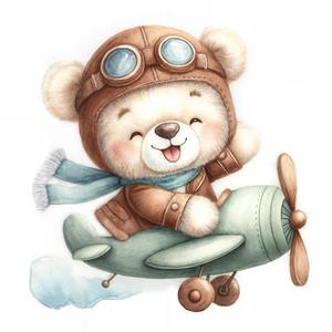 تصویر کارتونی خرس خلبان مهربان سوار بر هواپیما ایده‌آل برای کاغذ دیواری اتاق خواب کودک، روتختی و پرده چاپی سیسمونی
