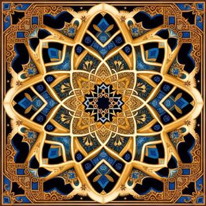 کاشی‌کاری اسلیمی مدرن با ترکیب رنگ آبی و طلایی خیره‌کننده برای پوستر دیواری تالارها و فضاهای سنتی لوکس