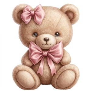 عروسک خرس تدی با پاپیون صورتی بزرگ مناسب برای پوستر دیواری اتاق نوزاد دختر، روتختی و چاپ روی ماگ