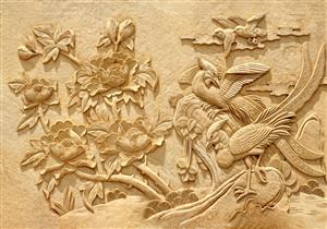 طرح نقش‌برجسته سنتی پرنده و گل روی سنگ برای پوستر دیواری کلاسیک، رستوران‌های سنتی و کتیبه‌های تزئینی