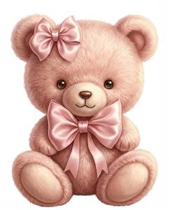 تصویر عروسک خرس صورتی پاستلی با پاپیون ساتن مناسب برای پوستر دیواری اتاق کودک، مهدکودک و جلد دفترچه