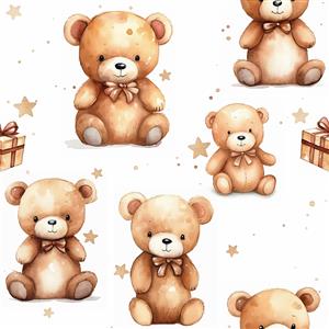 طرح تکرار شونده خرس‌های عروسکی و ستاره‌های طلایی برای پوستر دیواری فانتزی و ست کامل سیسمونی نوزاد