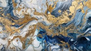 نقاشی آبستره با رنگ‌های آبی، سفید و طلایی خیره‌کننده برای پوستر دیواری عریض پذیرایی و پشت تخت