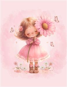 تصویر فانتزی دختر بچه با گل صورتی بزرگ و پروانه به سبک آبرنگ مناسب برای پوستر دیواری اتاق کودک و چاپ روی روتختی نوزاد