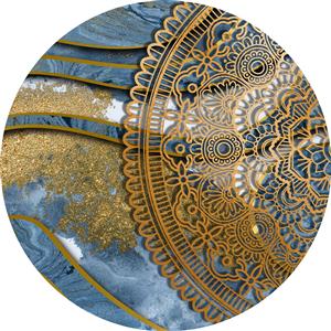 پوستر دیواری سه بعدی ماندالا طلایی بر روی پس‌زمینه مرمر آبی تیره برای لابی ساختمان‌های لوکس و تالارهای پذیرایی مجلل