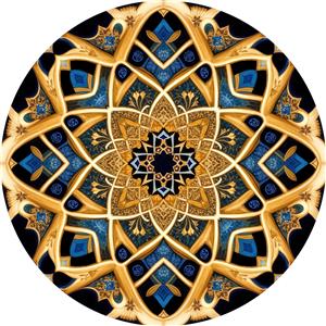 طرح اسلیمی و ترنج دایره‌ای با نگین‌های آبی و فریم طلایی لوکس برای پوستر دیواری سه بعدی لابی ویلا و هتل‌های مجلل