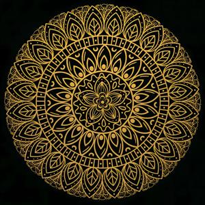 ماندالای طلایی روی پس‌زمینه مشکی با جزئیات ظریف مناسب برای پوستر دیواری ۳ بعدی اتاق مدیتیشن و چاپ روی بشقاب‌های تزیینی