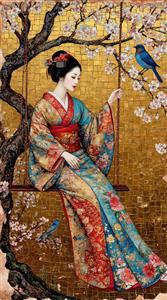 تصویر هنری زن ژاپنی با لباس کیمونو روی تاب در میان شکوفه‌های بهاری مناسب برای تابلو دکوراتیو اتاق خواب و پوستر دیواری رستوران‌های آسیایی