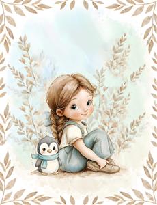 تصویرسازی لطیف دختر کوچولو و پنگوئن در قاب برگ پاییزی مناسب چاپ روی دفترچه و اتاق نوزاد