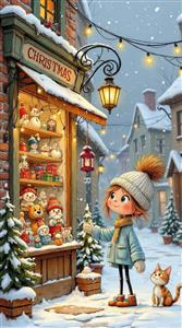 پوستر فانتزی کریسمس و دختربچه در کنار ویترین اسباب‌بازی برای دکور فروشگاه و اتاق خواب کودک
