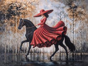 طرح هنری زن اسب‌سوار با لباس قرمز در جنگل پاییزی برای چاپ روی شاسی و دفترچه‌های فانتزی