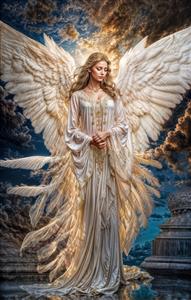 تصویر رویایی فرشته بالدار با لباس حریر در آسمان ابری ویژه چاپ پوستر سقف و اتاق مستر