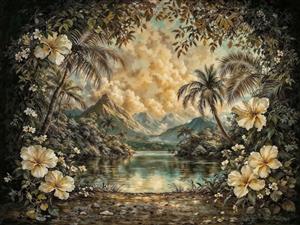 منظره کلاسیک استوایی با کوهستان و گل‌های ختمی مناسب برای تابلو دکوراتیو هتل و لابی‌های مجلل