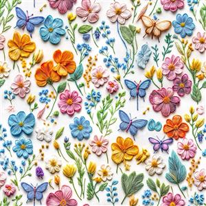 الگوی تکرار شونده گل‌های برجسته و پروانه های رنگی مناسب برای چاپ کاغذ دیواری اتاق خواب و مهدکودک