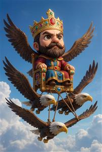 کیکاووس پادشاه بلندپرواز در حال سفر با تخت و عقاب ها به شیوه کارتونی و خنده دار شاهنامه مناسب چاپ لوازم تحریر و کتاب داستان