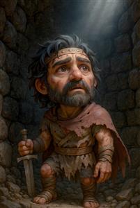 بیژن پهلوان زندانی در چاه با چهره ای مظلوم و طراحی کارتونی و بانمک شاهنامه برای استفاده روی جامدادی و کتب آموزشی کودکان