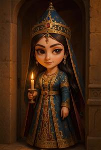 تهمینه مادر سهراب با لباس شاهزاده خانم و شمع روشن به سبک کارتونی و کودکانه شاهنامه مناسب جلد کتاب داستان و پوستر اتاق دختر