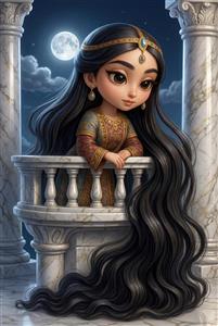 رودابه با گیسوی بلند بر روی بالکن در شب مهتابی طرح کارتونی و رمانتیک شاهنامه برای اتاق خواب