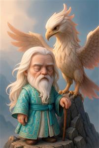 زال زر با موهای سفید در کنار سیمرغ افسانه‌ای شاهنامه طرح کارتونی و رنگی برای اتاق خواب کودک