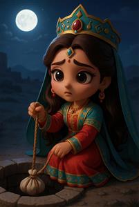 منیژه با لباس سنتی بر سر چاه بیژن مدل کارتونی و کودکانه شاهنامه برای چاپ روی روتختی و دفتر