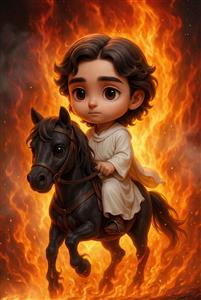 سیاوش سوار بر اسب سیاه در میان شعله‌های آتش طرح کارتونی و حماسی شاهنامه برای پوستر دیواری