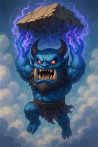 اکوان دیو آبی رنگ با سنگ بزرگ روی سر مدل کارتونی و بامزه شاهنامه برای پوستر سه بعدی اتاق کودک