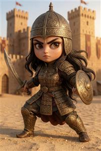 گردآفرید دختر جنگجوی شاهنامه با شمشیر و سپر در قلعه مدل نقاشی کارتونی و کودکانه برای اتاق دختران