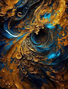 طرح انتزاعی اسلیمی با رنگ‌های طلایی و آبی فیروزه‌ای مناسب برای پوستر دیواری لابی و پشت تلویزیون