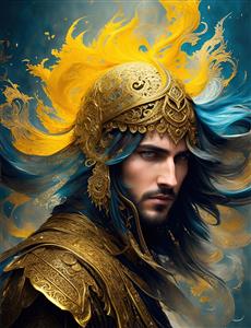 طرح فانتزی پادشاه با کلاهخود طلایی و موهای شعله‌ور زرد و آبی برای دکوراسیون مدرن و اتاق نوجوان