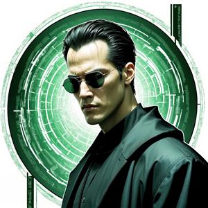 تصویر نئو در فیلم ماتریکس برای چاپ پوستر دیواری عمودی و تابلو شاسی مناسب لابی هتل‌های مدرن و محیط‌های تکنولوژی