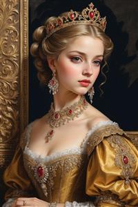 طرح پوستر دیواری کلاسیک چهره زن سلطنتی با قاب طلایی و جواهرات سرخ برای دکوراسیون تجاری لوکس