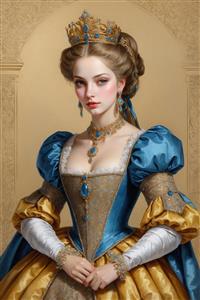 تابلو نقاشی لوکس پرنسس با لباس آبی و طلایی و جواهرات سلطنتی ایده آل برای دکوراسیون اتاق خواب مستر
