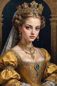 پوستر دیواری طرح نقاشی هنری ملکه با تاج فیروزه‌ای و لباس زرد درخشان برای دکوراسیون کلاسیک پذیرایی