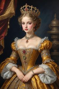 طرح باکیفیت نقاشی رنگ روغن ملکه با جواهرات یاقوت و لباس پف‌دار طلایی ویژه قاب دکوراتیو و فضای سنتی