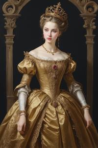 پوستر دیواری سه بعدی طرح نقاشی کلاسیک زن اشرافی با لباس فاخر برنزی برای لابی مجلل و تالار