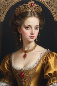 تابلو دکوراتیو کلاسیک پرتره ملکه با تاج جواهرنشان و لباس ابریشمی طلایی مناسب عمارت و هتل‌های لوکس