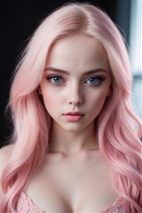 پرتره کلوزآپ دختر فانتزی با چشمان آبی و موهای صورتی لایت مناسب چاپ روی کوسن، ماگ و دفترچه فانتزی