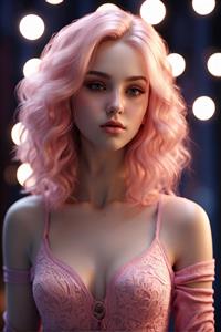 پوستر دیواری چهره دختر فانتزی با موهای موج‌دار صورتی و لباس گیپور ایده آل برای دکوراسیون مزون و آرایشگاه زنانه