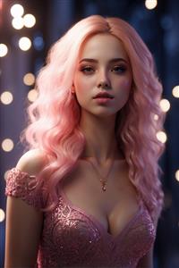 تصویر هنری زن جوان با موهای صورتی و لباس شب درخشان مناسب چاپ تابلو بوم اتاق خواب و سالن های زیبایی