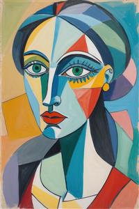 پوستر دیواری هنری چهره زن با چشمان سبز الهام از هنر پیکاسو برای دکوراسیون آرایشگاه زنانه و مزون