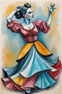 طرح گرافیکی باکیفیت بانوی رقصنده با لباس رنگارنگ سبک پیکاسو برای چاپ روی پرده، روتختی و پوستر دیواری