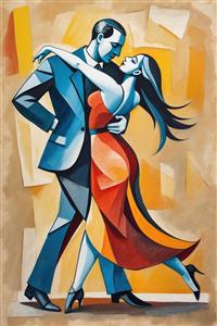 طرح انتزاعی رقص دونفره مدرن با پس‌زمینه کرم سبک پیکاسو مناسب برای پوستر دیواری پشت تختخواب و فضای استراحت