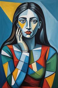 طرح کوبیسم زن با دستان زیر چانه و رنگ‌های گرم برای پوستر دیواری کافی‌شاپ، فودکورت و رستوران‌های هنری
