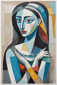 پرتره انتزاعی و هنری زن با دست‌های ضربدری سبک پابلو پیکاسو مخصوص چاپ روی لیوان، دفترچه و پوستر دیواری اتاق مطالعه