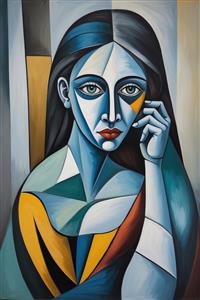 طرح نقاشی کوبیسم چهره زن با خطوط هندسی پیکاسویی ایده‌آل برای چاپ بر روی روتختی، کوسن و پوسترهای عمودی دیواری در گالری‌های هنری