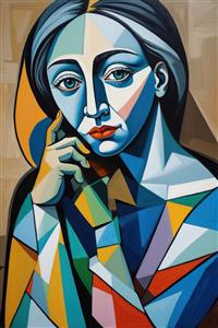 تصویر هنری چهره زن به سبک کوبیسم الهام‌گرفته از آثار پیکاسو با رنگ‌بندی سرد و گرم جهت پوستر دیواری سه بعدی در لابی هتل و فضای اداری