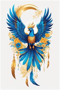 نقاشی دیجیتال وارغ (پرنده شکوه) در حلقه گل و دریم کچر آبی و زرد مناسب چاپ روی ماگ و بشقاب و اکسسوری