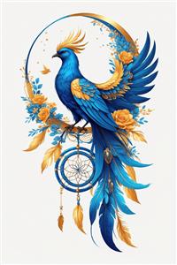 نقاشی دیجیتال ققنوس فانتزی در حلقه گل و دریم کچر آبی و زرد مناسب چاپ روی ماگ و بشقاب و دفترچه یادداشت