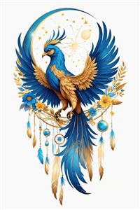 طرح دریم کچر با مرغ رخ اساطیری و المان‌های طلایی ایده مدرن برای کاغذ دیواری اتاق خواب و دفتر کار خلاقانه