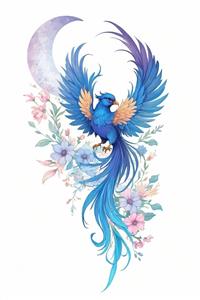 نقاشی فانتزی سیمرغ بهشتی با بال‌های گشوده و گلهای رنگارنگ مناسب چاپ روی روتختی و کوسن و شید آباژور